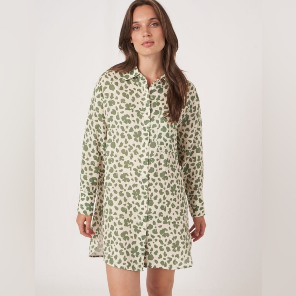 Repeat Cashmere XXL Green Patterned Button-Up Shirtdress